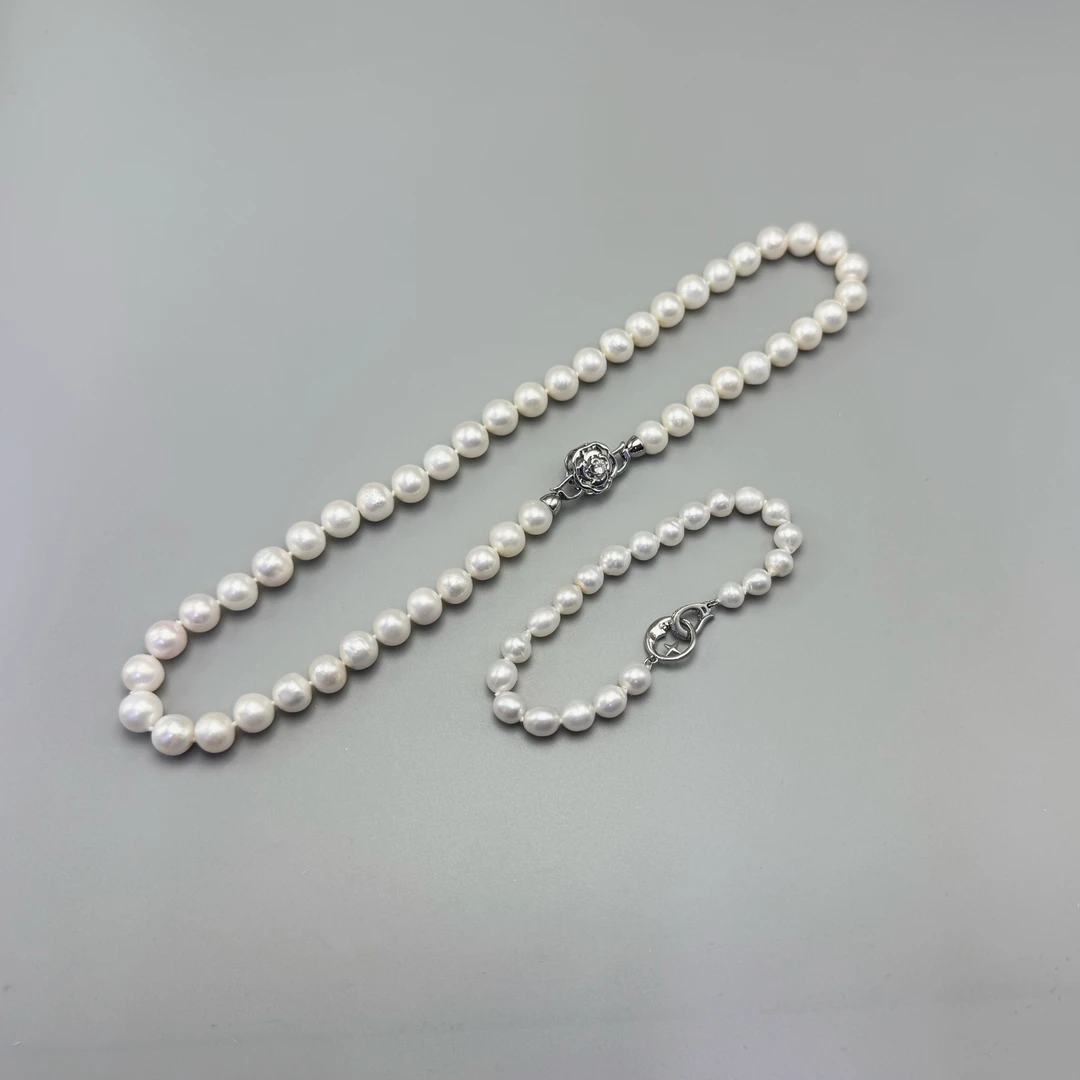 【珍副会长】天然淡水【山茶花】白色珍珠项链7.5-9mm（赠珍珠手链）