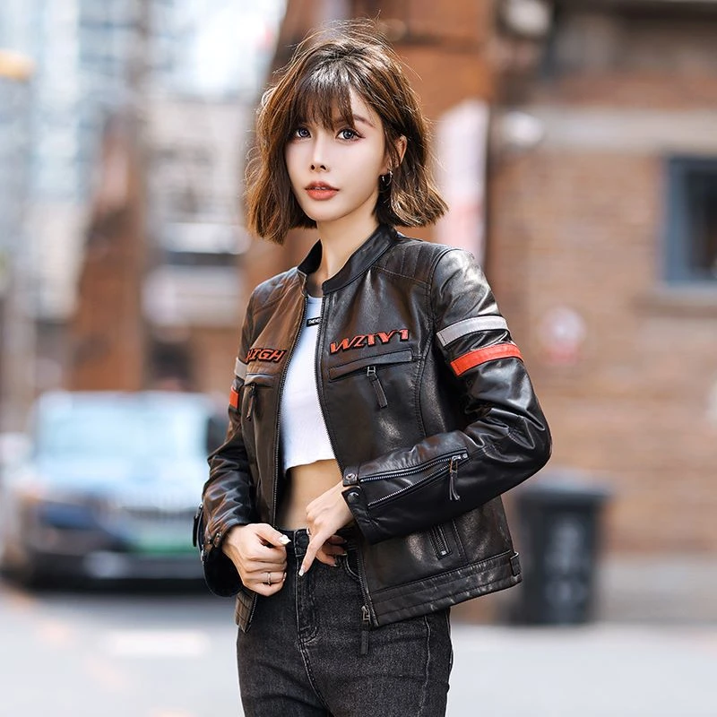 2025春秋季海宁新款真皮皮衣女立领机车服短款绵羊皮皮夹克外套