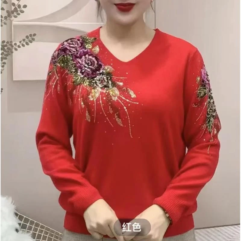 荣澜重工刺绣手工钉珠羊毛ins羊绒毛衣长袖红色金丝3693（衣长67）