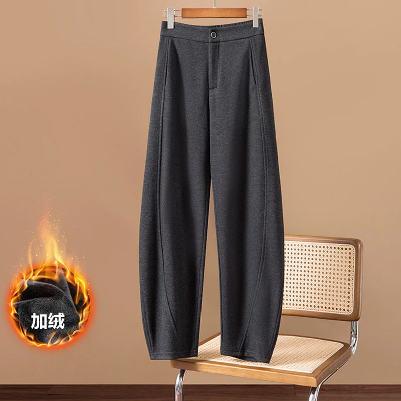 高端灰色毛呢窄版镰刀香蕉裤女2024秋冬加绒加厚弯刀裤显瘦阔腿裤
