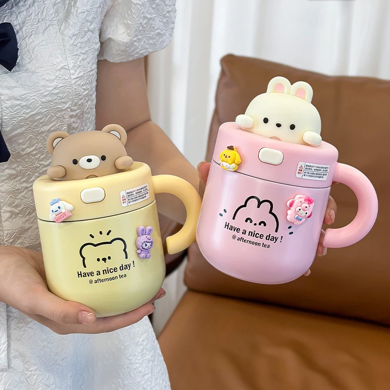 小熊吸管保温杯带把手可爱兔女小学生316不锈钢马克杯子小孩水杯