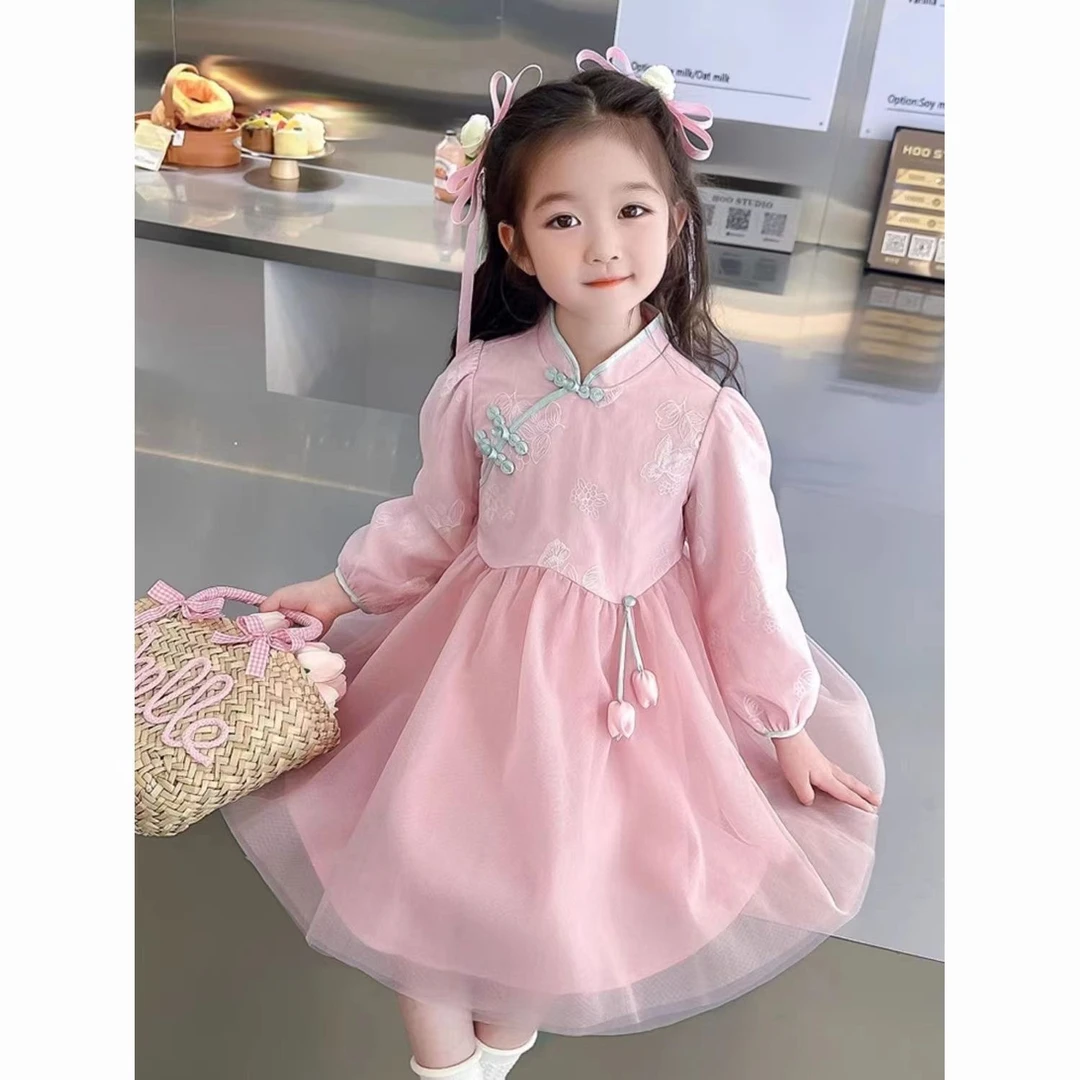 女童连衣裙2025春装新款汉服儿童国风网纱公主裙宝宝洋气长袖裙子