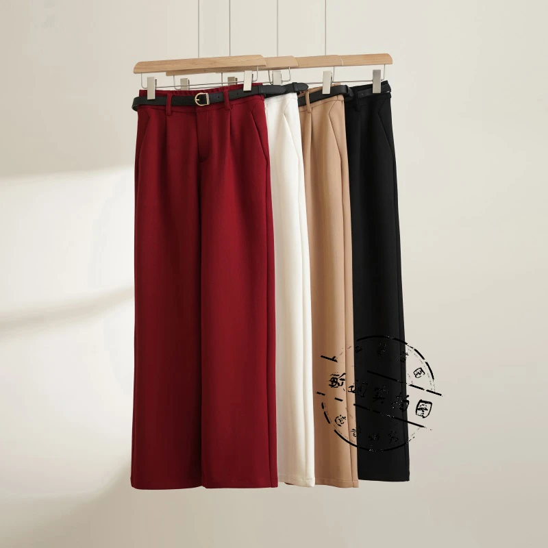 【秋冬新款】专柜新款人字纹蚕 丝 羊绒高腰显瘦弹力直筒阔腿裤