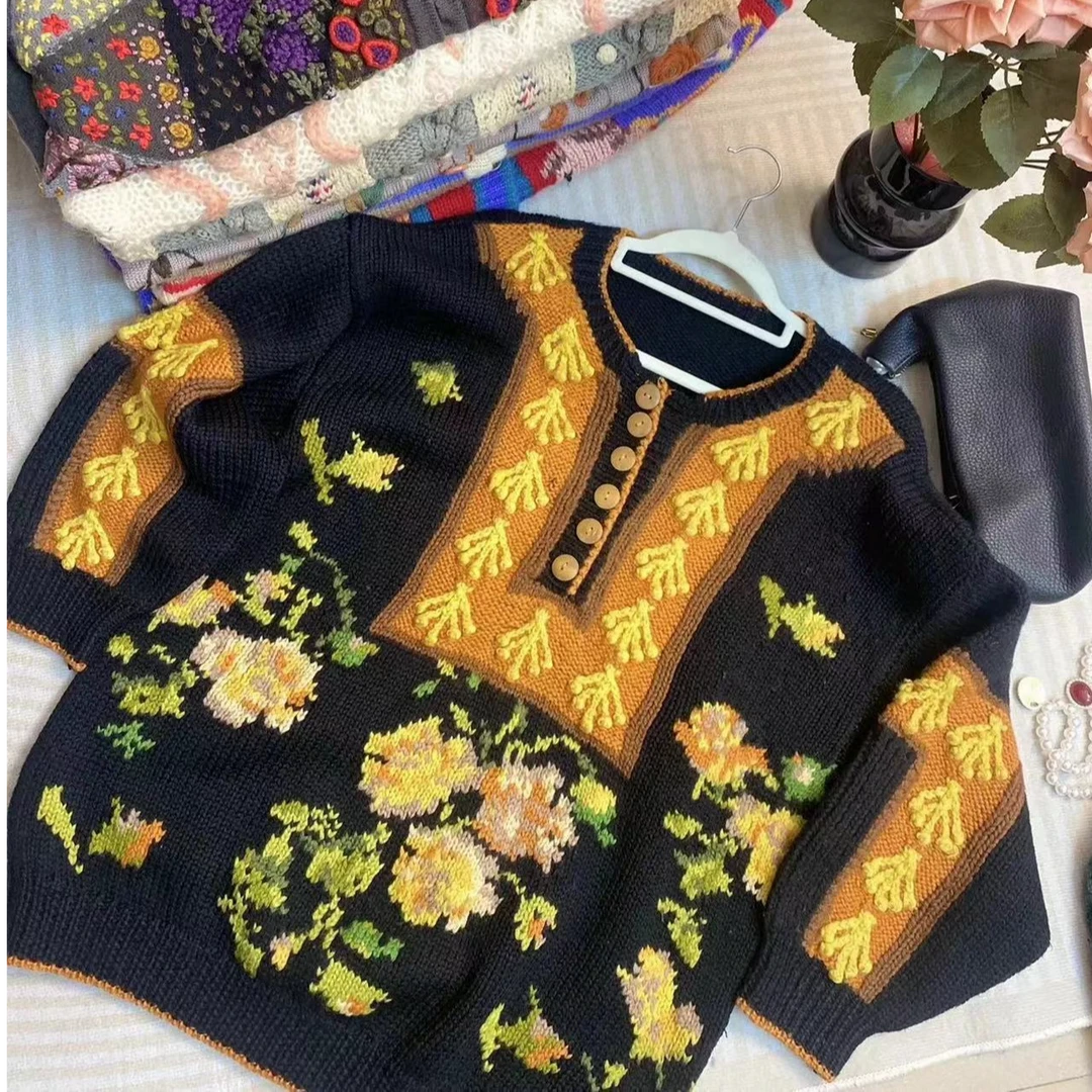 冬季毛衣宽松慵懒厚款网红百搭复古提花手钩花秋冬