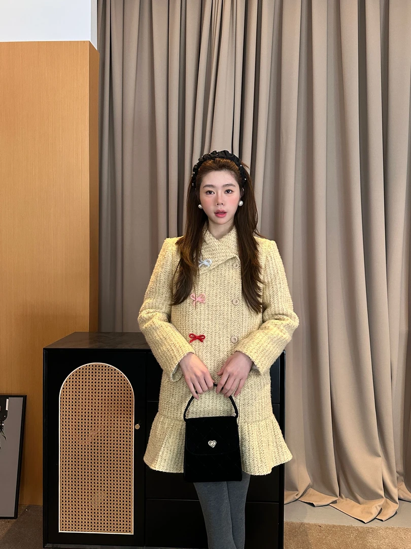 粥【甜心日记】秋冬羽绒连衣裙 厚毛呢交叉领小香风千金风内胆羽绒