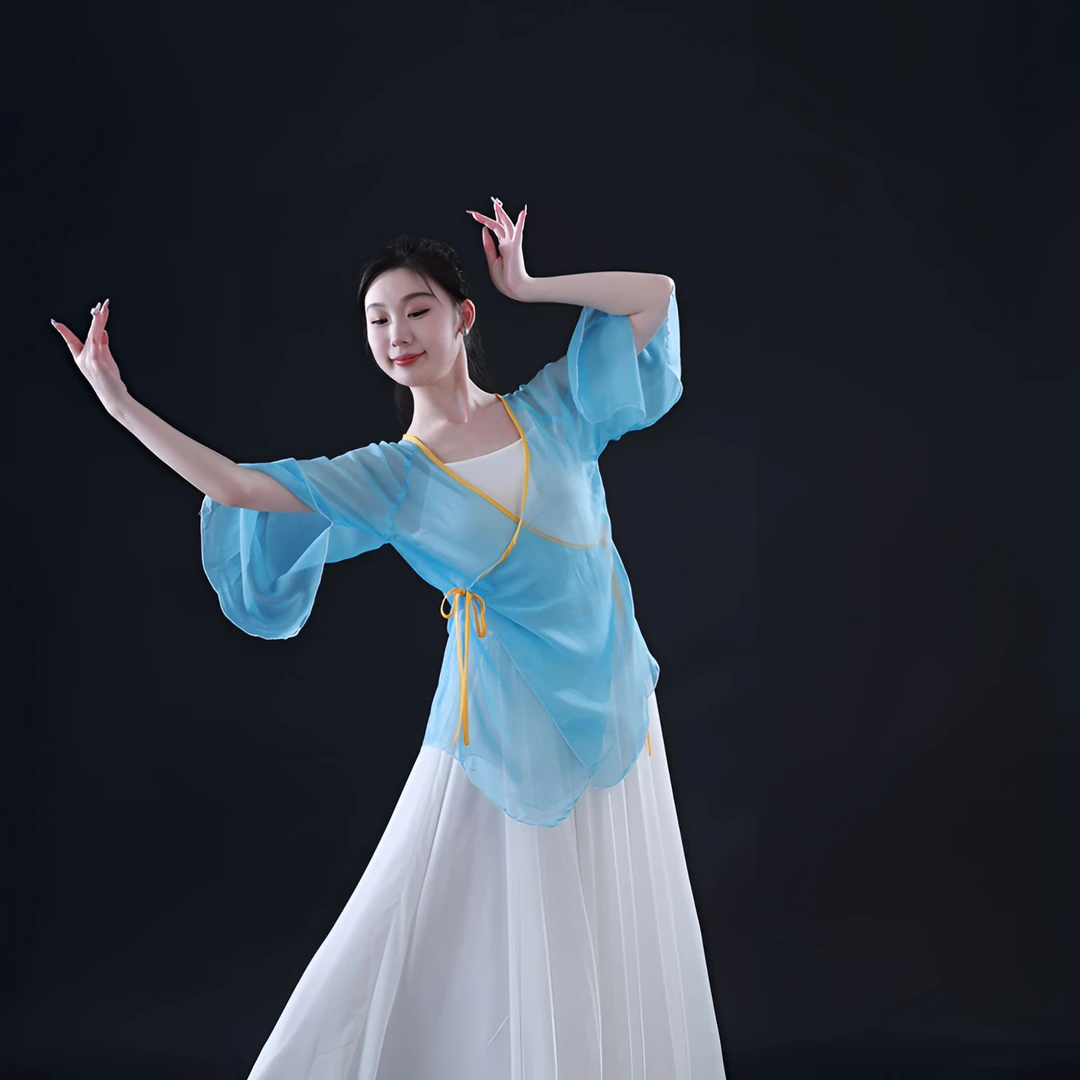 套装古风上衣落肩长袖练功服仙女纱衣古典舞纱衣长款飘逸舞蹈服