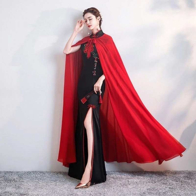民族风披风汉服斗篷红色薄款外披女装旅游拍照披肩连帽古装雪纺