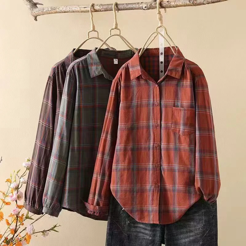 2024秋季新款格子外套显瘦宽松文艺复古休闲时尚百搭长袖上衣0087