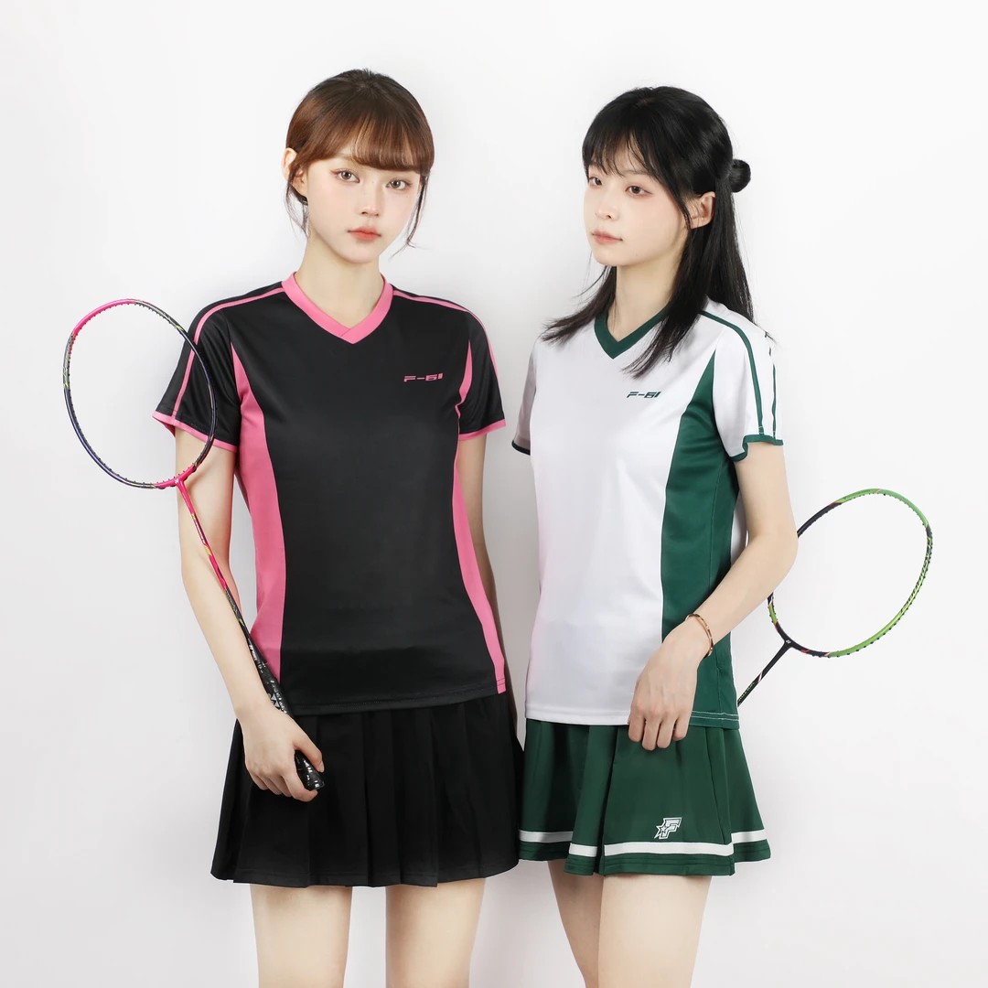 F61新款白绿黑粉拼接女款修身羽毛球服吸湿排汗速干透气运动短袖