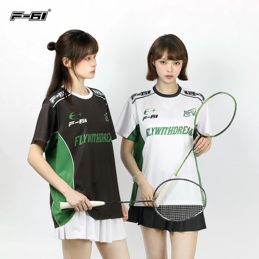F61新款美式复古机车风羽毛球服黑白绿拼接女男速干运动上衣短袖