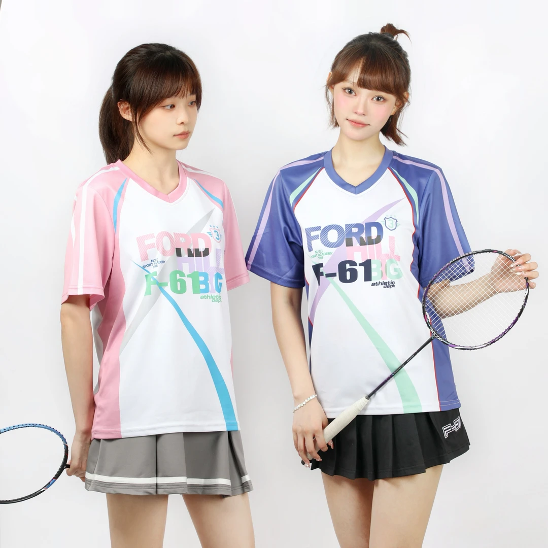 F61新款俱乐部粉紫色羽毛球服女男排汗速干跑步运动上衣宽松短袖T