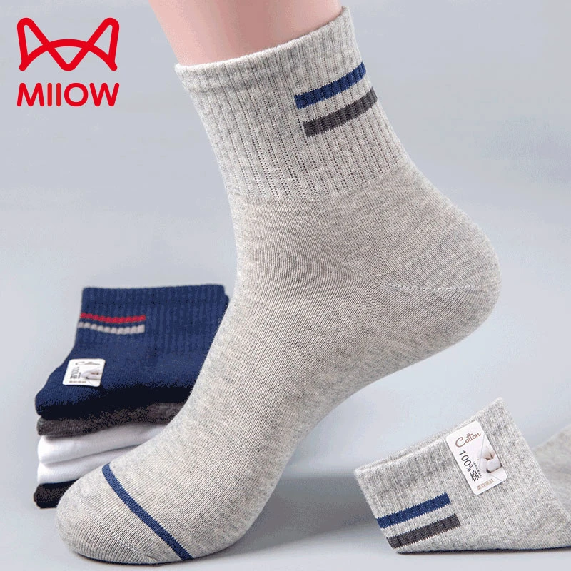 MiiOW/猫人袜子男款男士纯棉防臭春夏季中筒袜透气黑白灰色长筒袜