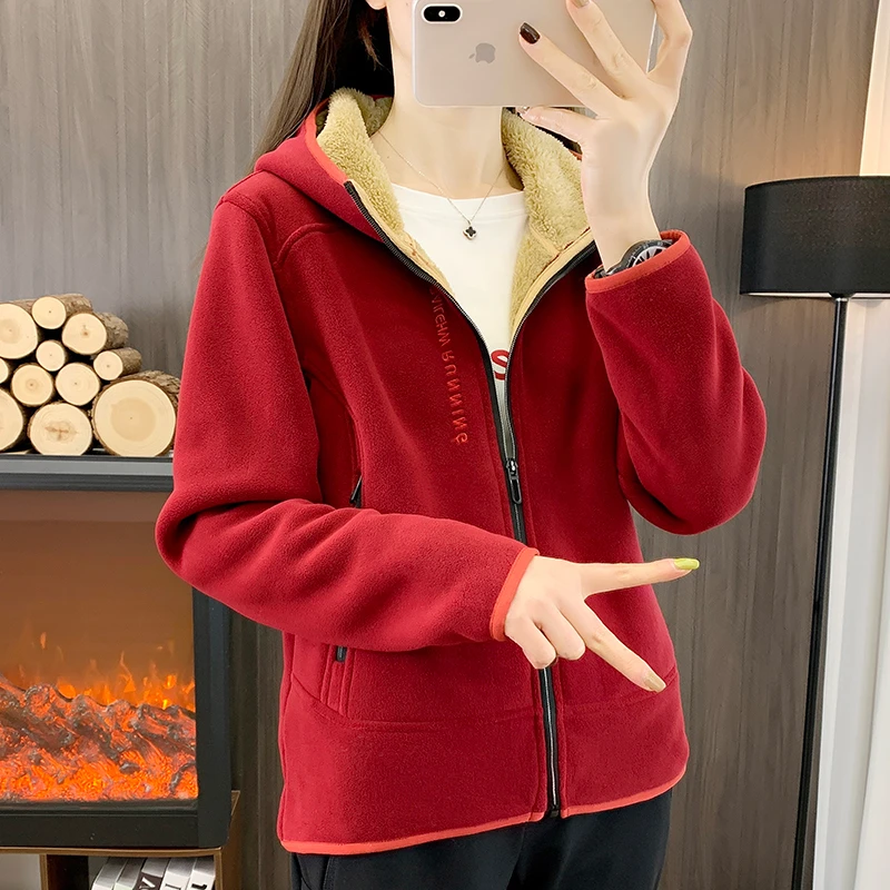 秋冬新款户外运动休闲女款加绒加厚连帽抓绒衣外套宽松保暖大码