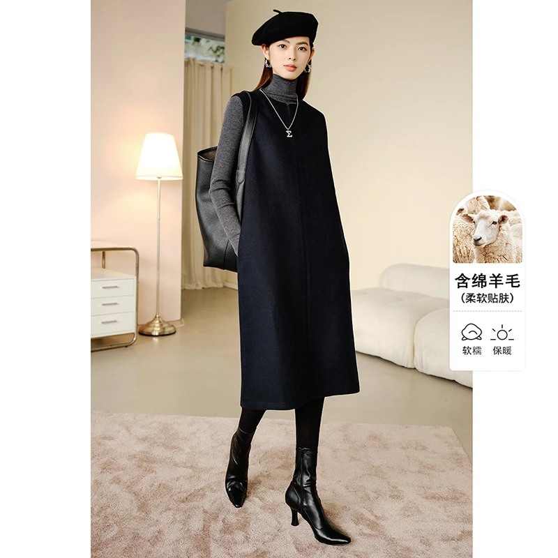 晚白【粉丝专享】裙子韩系圆领无袖连衣裙24081430大衣内搭