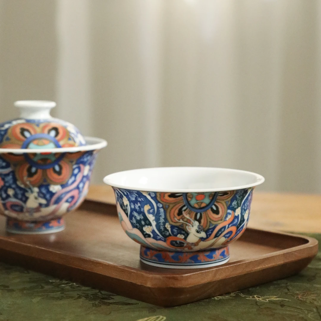 官润窑陶瓷釉下彩纯手工手绘品茗主人杯功夫茶杯炉式杯敦煌九色鹿