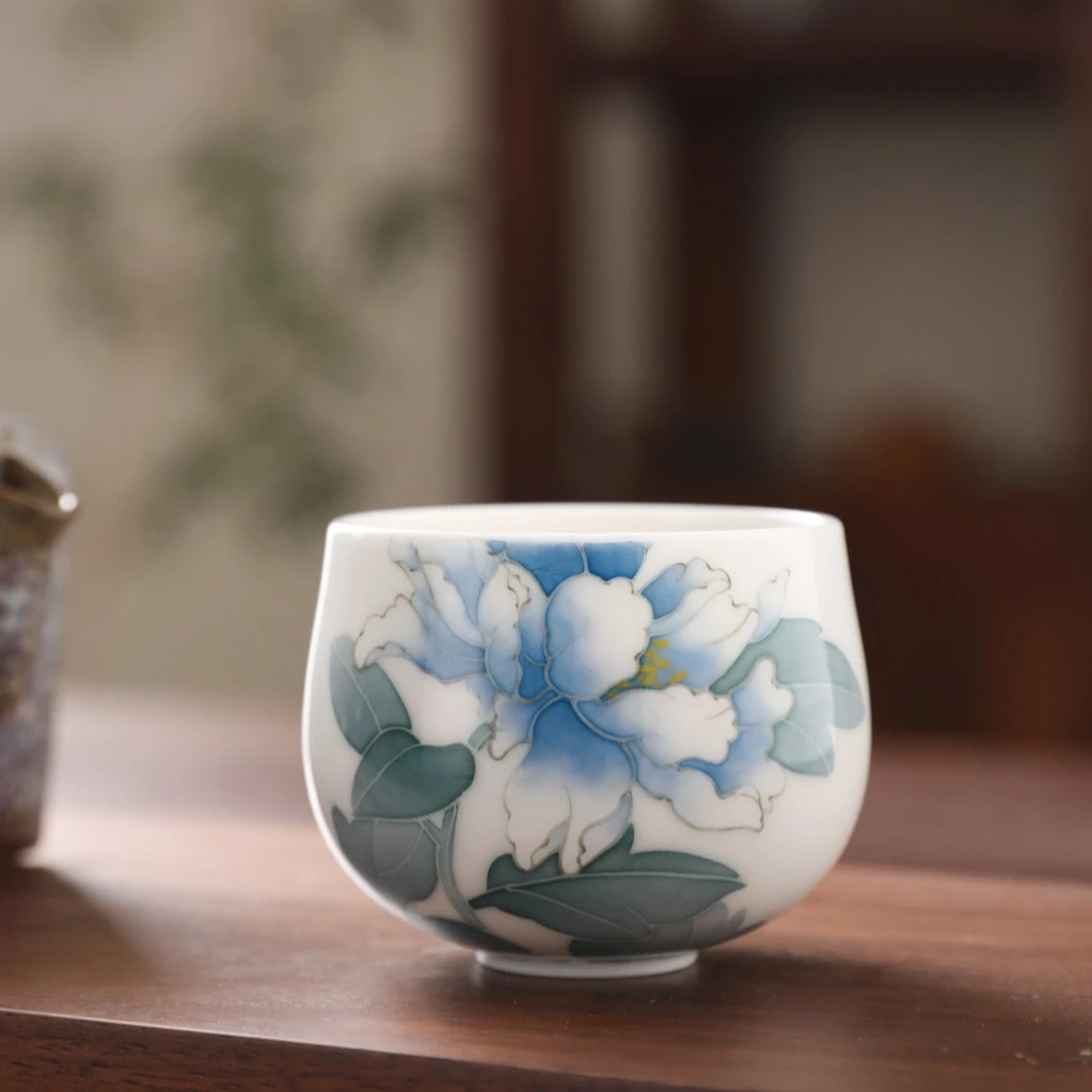 官润窑 陶瓷手绘品茗杯主人杯功夫茶杯釉下彩满花禅定杯牡丹花