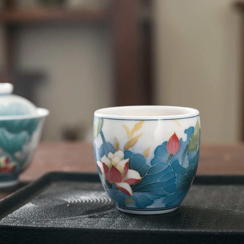 官润窑 手绘陶瓷纯手工主人杯品茗杯功夫茶杯釉下彩荷花龙蛋杯