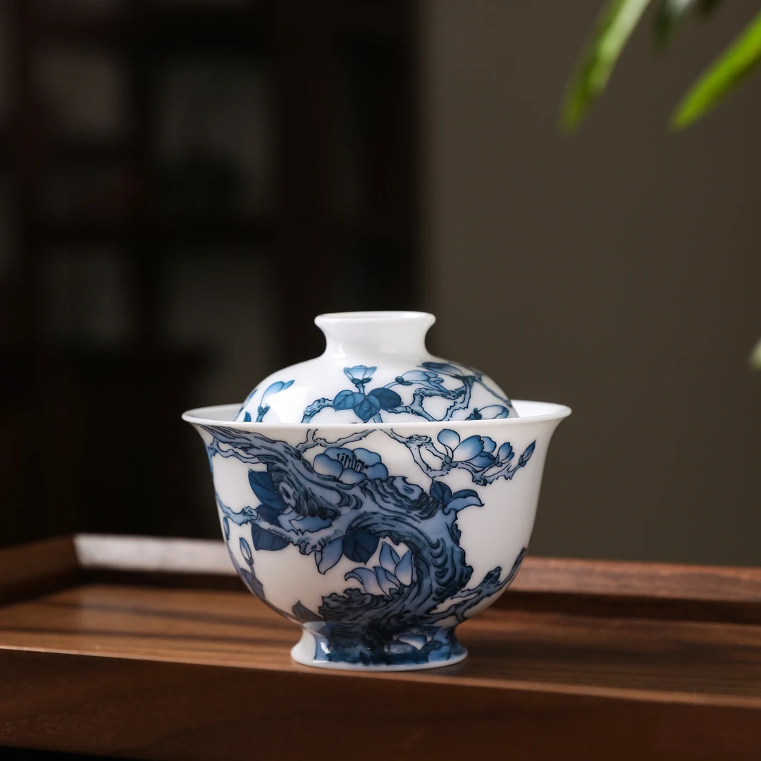 官润窑 手工手绘陶瓷釉下彩玉兰花盖碗纯薄胎泡茶碗单个二才盖碗