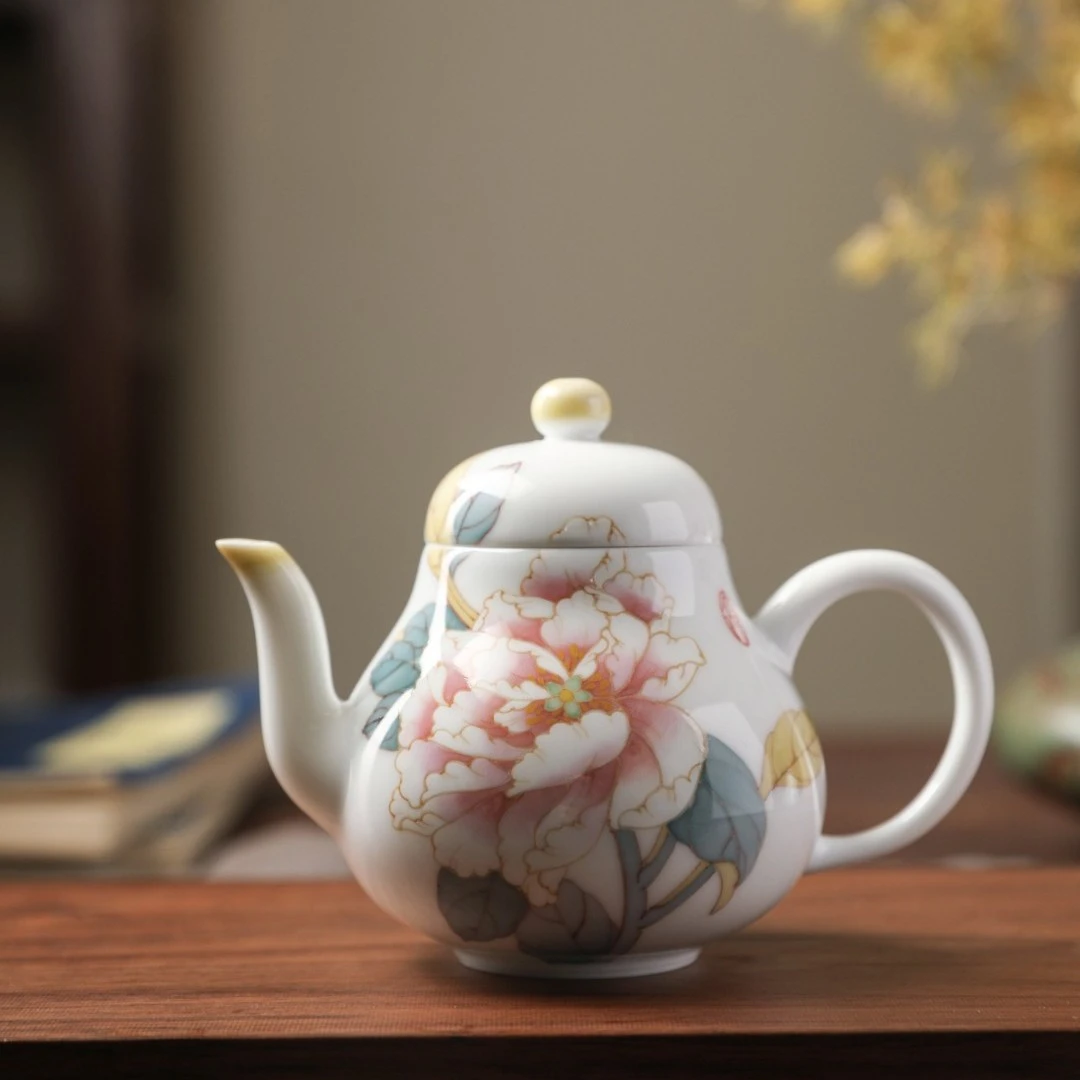 官润窑手绘陶瓷茶壶单壶泡茶壶牡丹花手工白玉瓷梨型壶高温瓷荷花