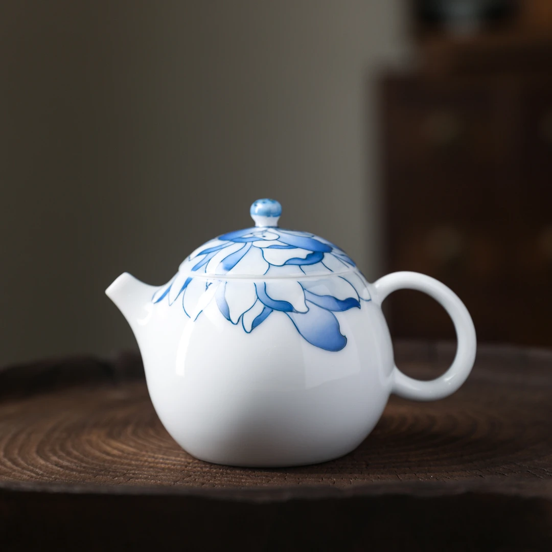 官润窑 手绘陶瓷茶壶釉下五彩单壶泡茶壶功夫茶具手工龙蛋壶莲花