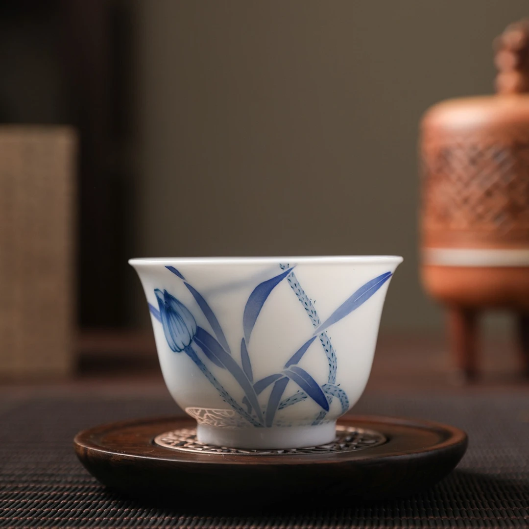 官润窑 手工手绘陶瓷品茗杯撇口杯薄胎茶盏功夫茶杯主人杯荷花