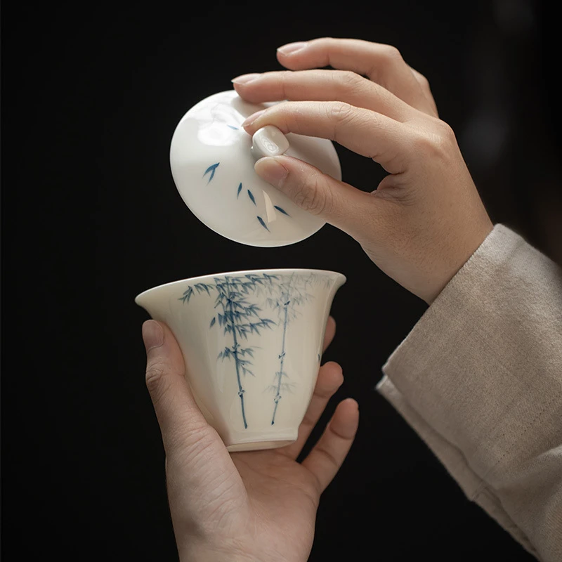 官润窑陶瓷玉泥白瓷手绘竹子盖碗泡茶盖碗素雅泡茶碗品茗杯四方形