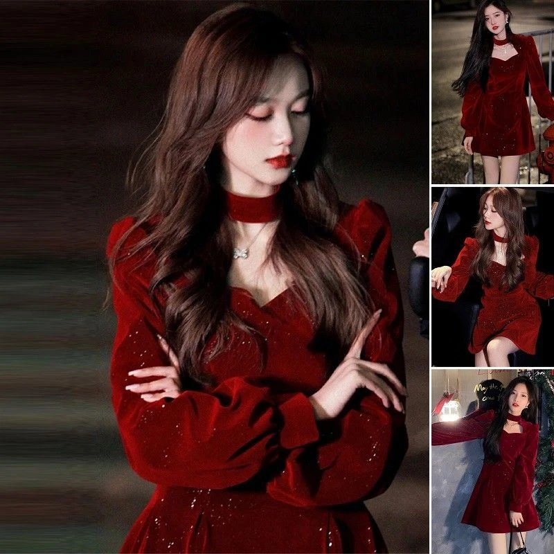 2023秋冬季在逃公主礼服圣诞衣服高档名媛小香风红色金丝绒连衣裙