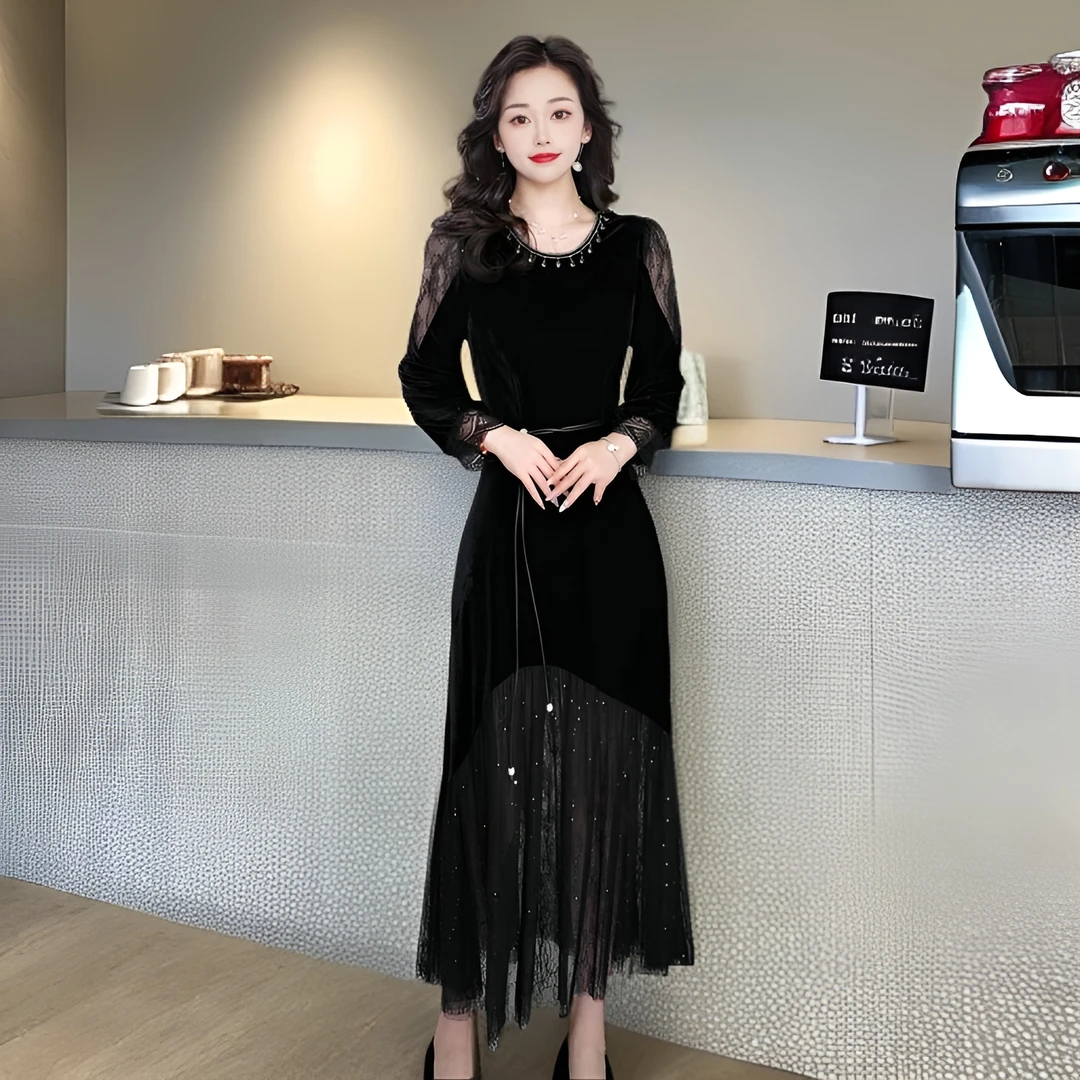 【千羽定制】高级感蕾丝连衣裙2025年春装新款复古修身显瘦丝绒裙子