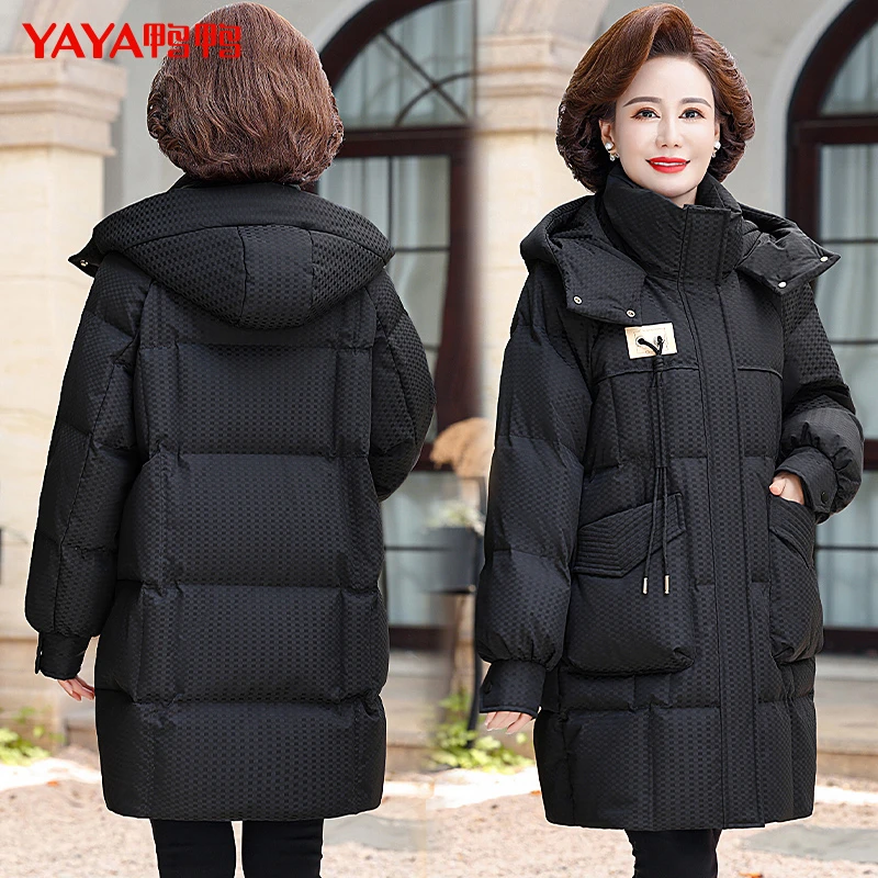 YAYA/鸭鸭YE3B618085J妈妈装冬装羽绒服时尚中长款连帽羽绒外套厚