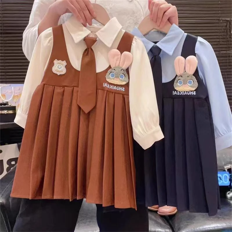 女童假两件连衣裙2025春秋款学院风儿童兔子朱迪警官JK制服百褶裙