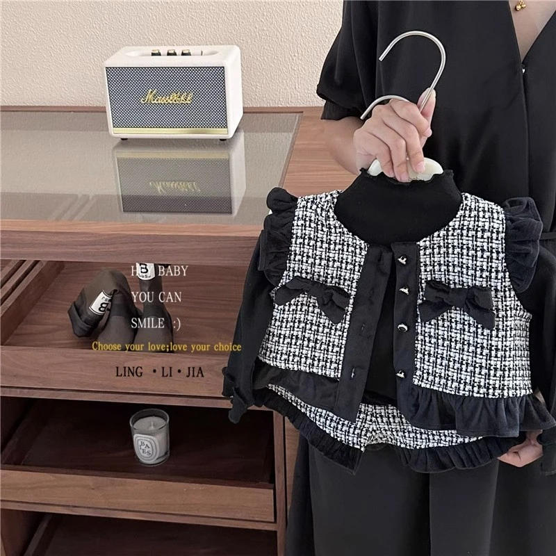 韩国童装小香风套装2025秋女童格子套装宝宝儿童气质无袖马甲短裤