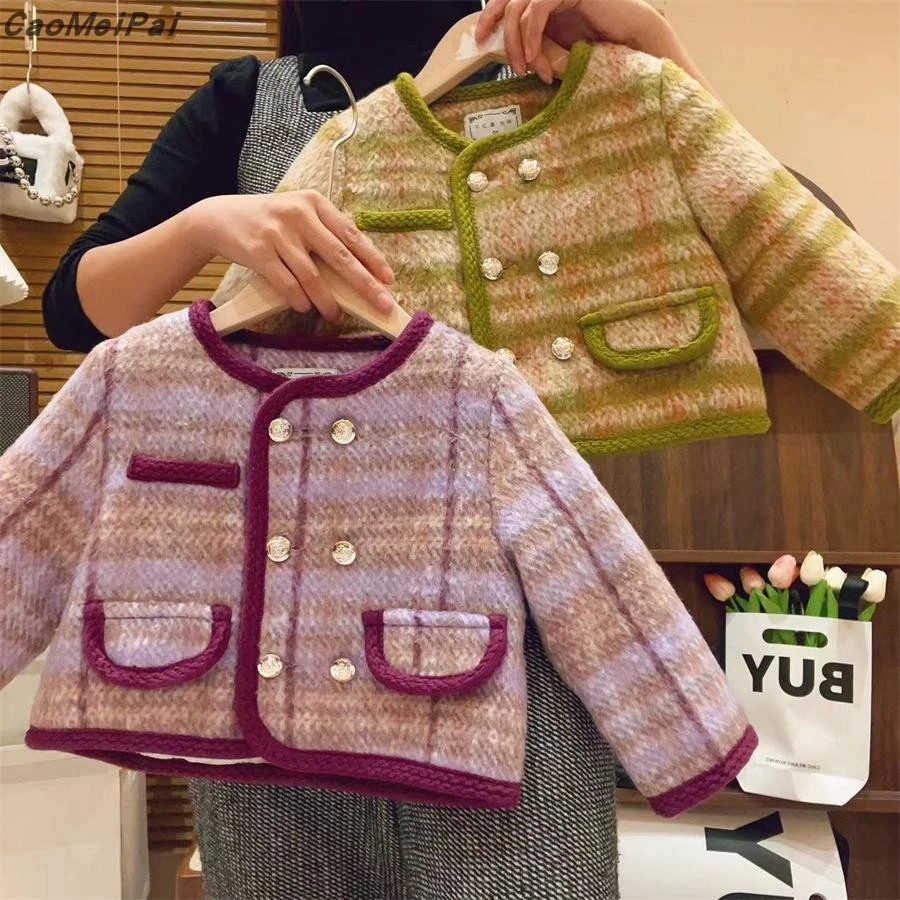 格诚新款女童小香风毛呢外套双排扣加棉秋冬加厚粗花呢短款大衣