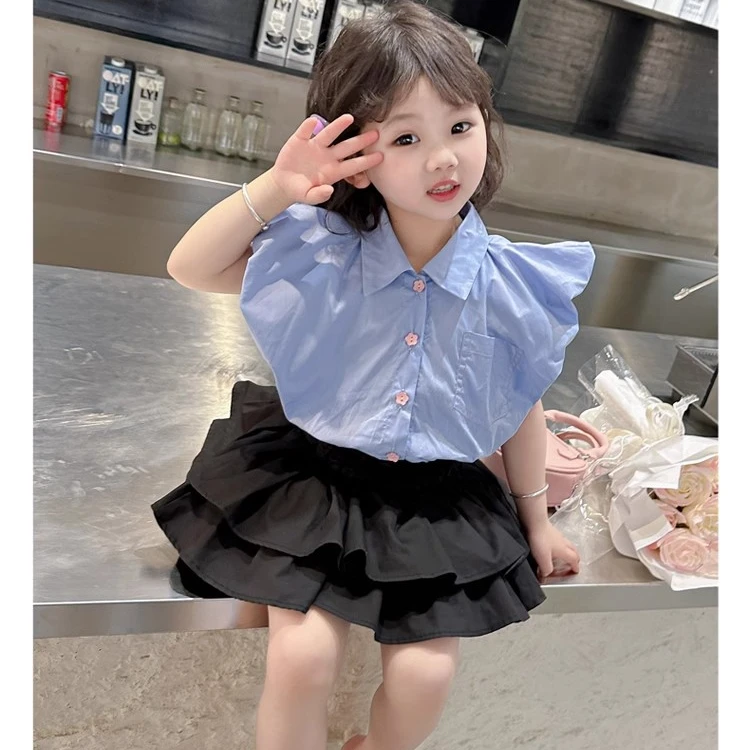 女童套装夏季新款2024韩版洋气女宝宝泡泡袖衬衫花苞裤裙两件套