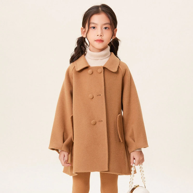 女童圆角翻领羊毛呢大衣2024冬季儿童甜美可爱双排扣纯色保暖外套