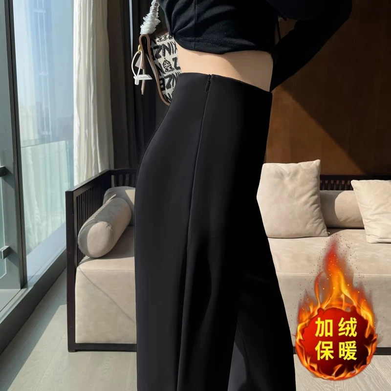 LOzP黑色侧拉链西装裤女加绒加厚窄版阔腿裤高级感垂感高腰休闲裤