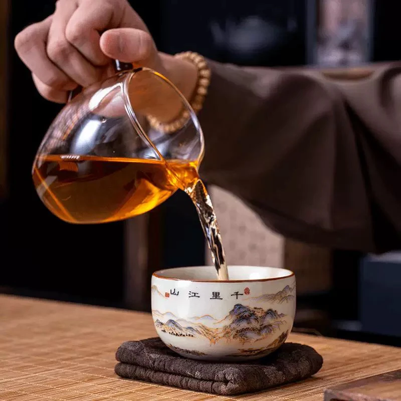 汝窑铜钱千里江山主人杯高颜值中式陶瓷禅定杯茶杯拍一发二