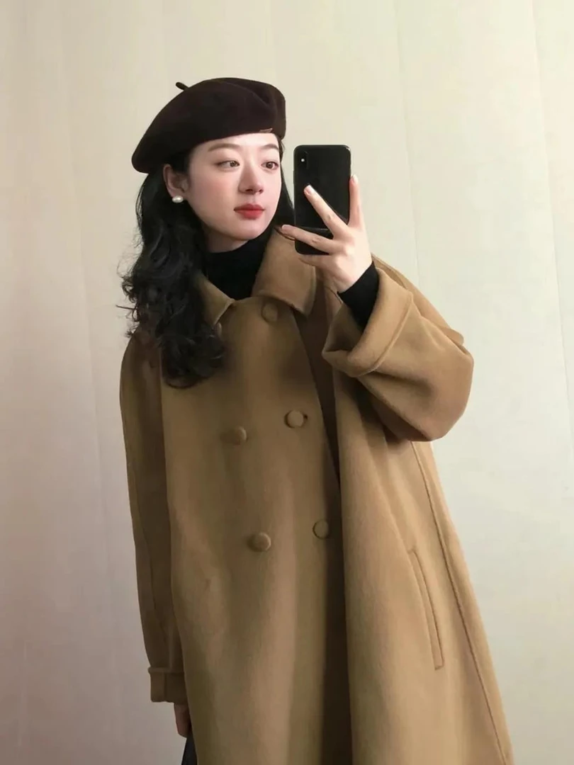 2023秋冬季韩系毛呢大衣女简约复古风小个子毛呢外套学生中长款衣