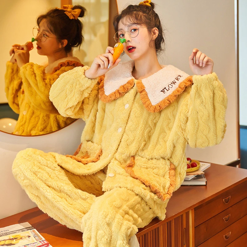 秋冬季珊瑚绒睡衣女士加厚法兰绒甜美卡通冬天款家居服套装 2204