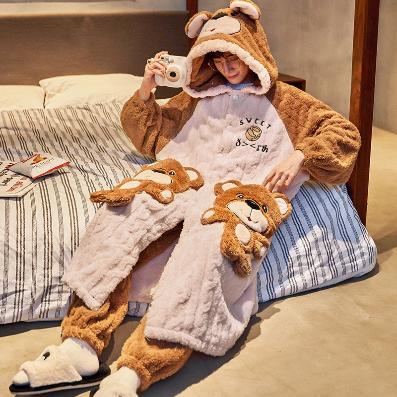 男士珊瑚绒睡袍连帽保暖秋冬季法兰绒睡衣男卡通宽松家居服 1199