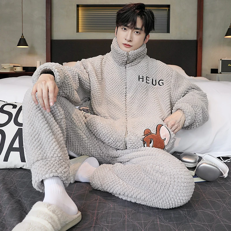 秋冬季法兰绒男士睡衣宽松休闲保暖珊瑚绒拉链款家居服套装 1245