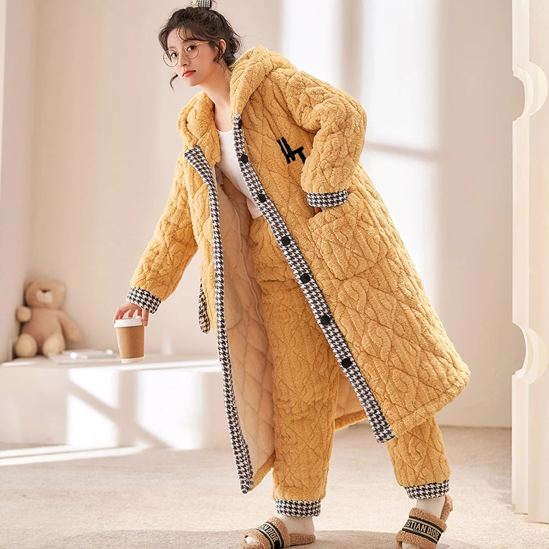 三层夹棉加厚冬季法兰绒睡袍韩版休闲珊瑚绒睡衣女士家居服 8946