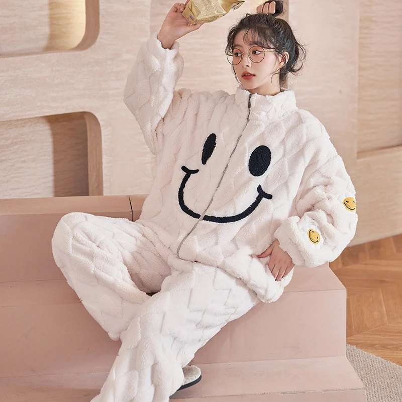 秋冬季法兰绒睡衣女士甜美韩版加厚珊瑚绒拉链家居服套装 2245