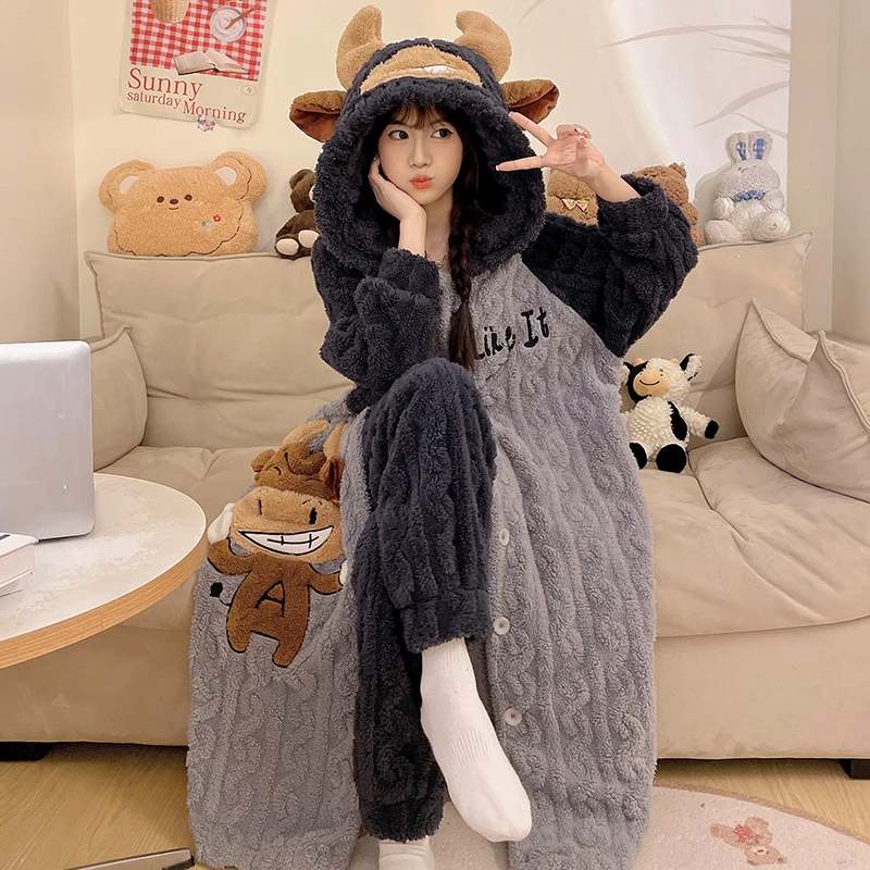珊瑚绒睡袍女士秋冬季法兰绒睡衣女连帽加厚保暖卡通家居服 2184