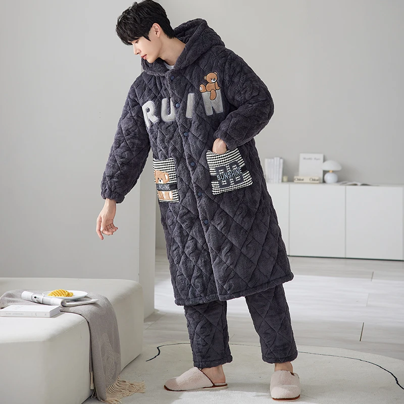三层夹棉加厚睡袍冬季男士睡衣加厚加绒秋冬款珊瑚绒家居服 7840