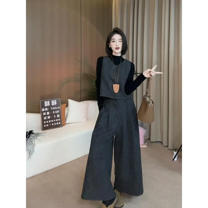 高级感羊毛呢马甲三件套装2024秋冬时尚气质休闲秋季九分阔腿裤