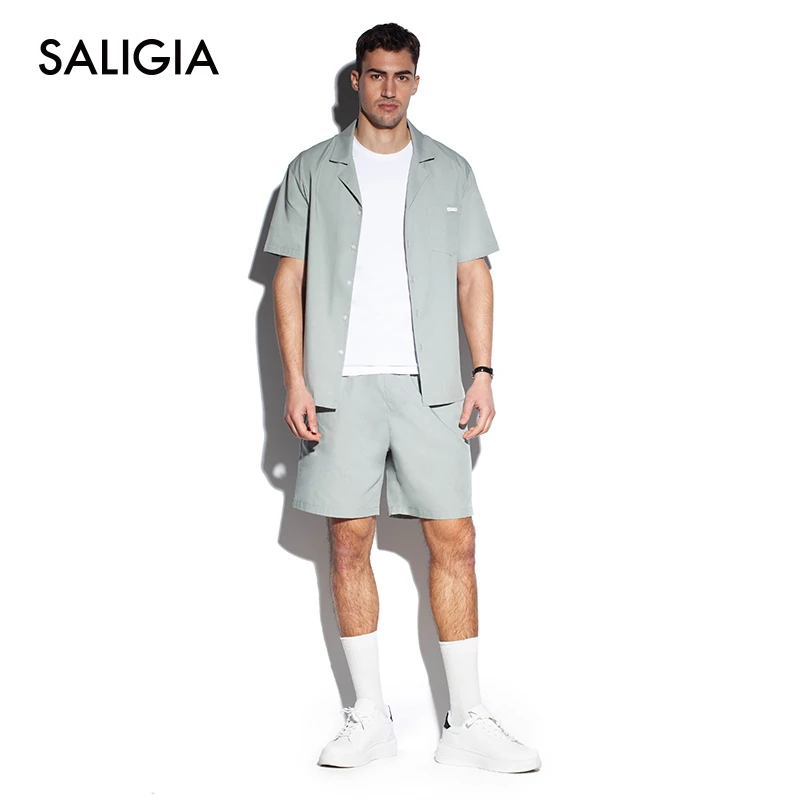 SALIGIA顺滑初夏男士平纹梭织棉莫家居服翻驳领短袖衬衫短裤