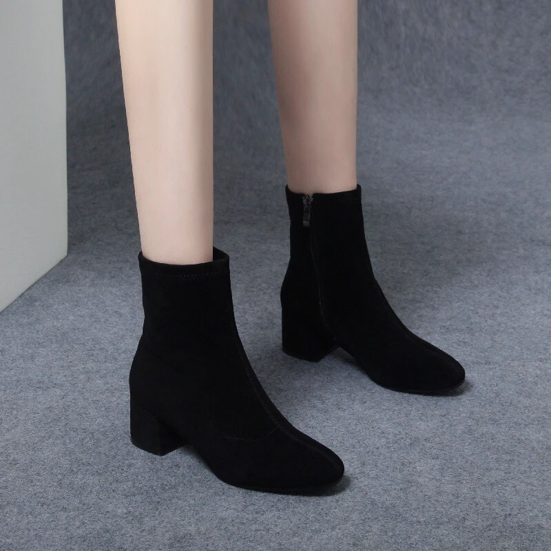 真皮磨砂短靴女2025新款粗跟春秋单靴圆头绒面羊皮瘦瘦靴冬季加绒