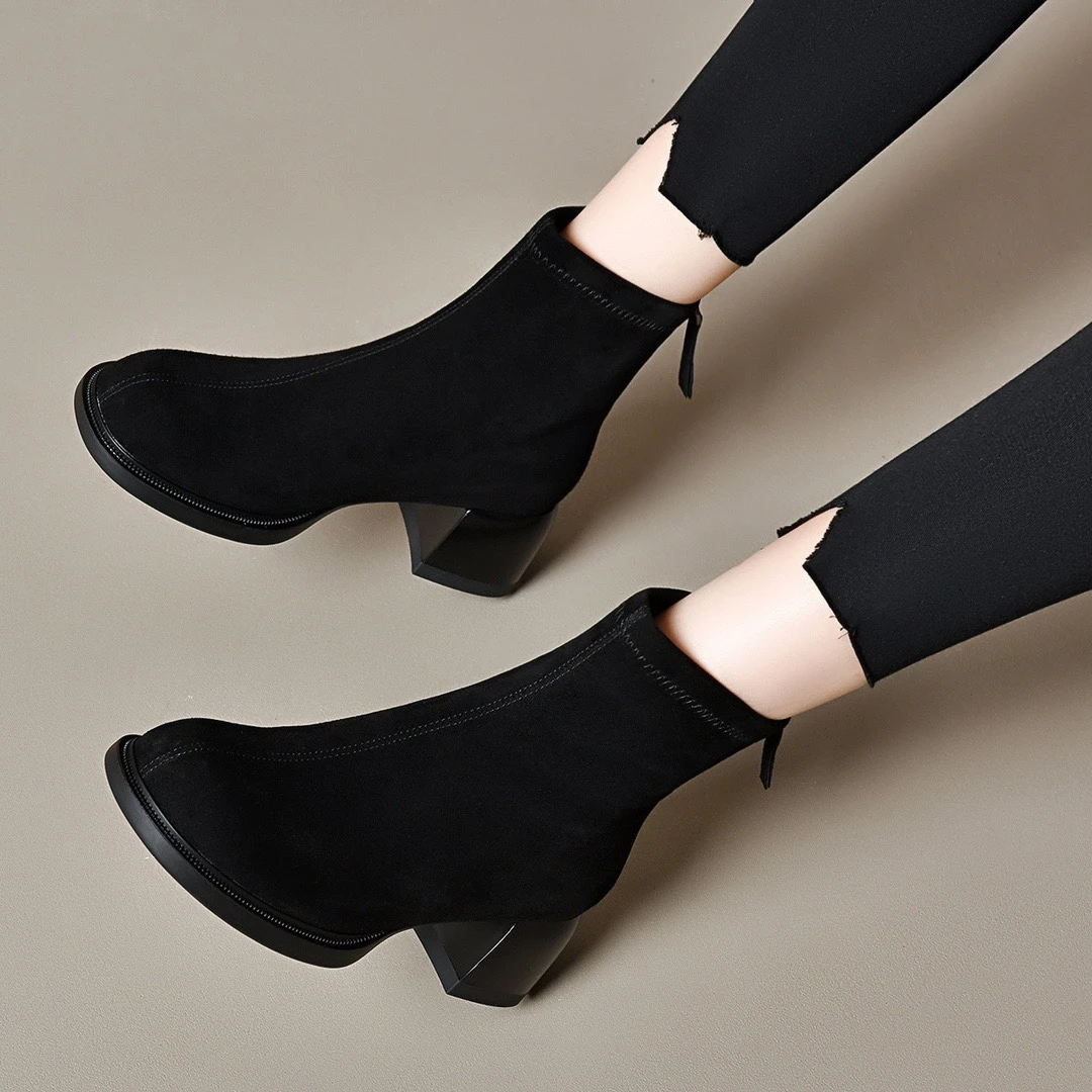 磨砂绒面短靴女2025秋冬新款圆头短筒粗跟真皮女靴子高跟棉鞋加绒