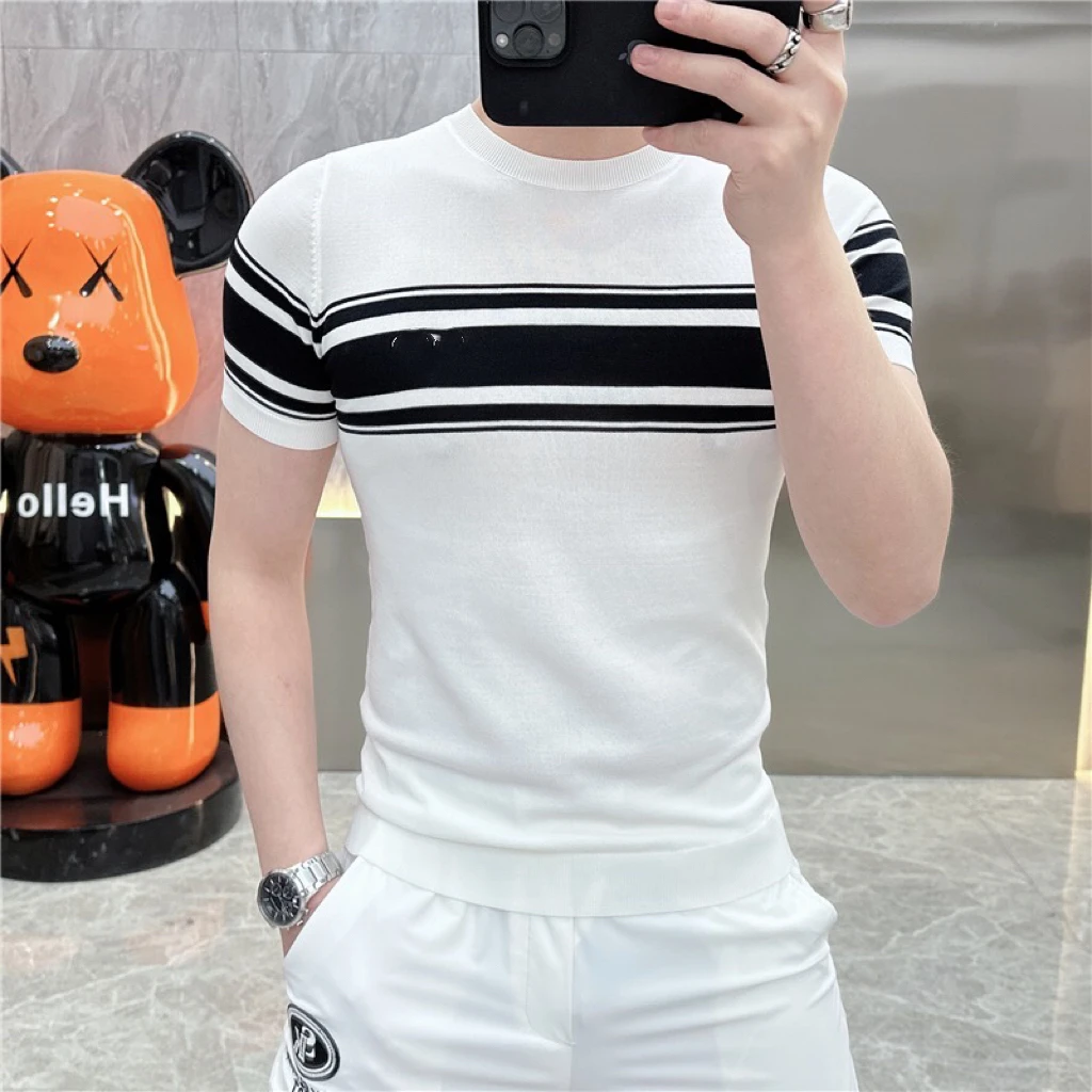 （断码特价捡漏）夏季高端时尚百搭天丝针织经典条纹短袖T恤（119）