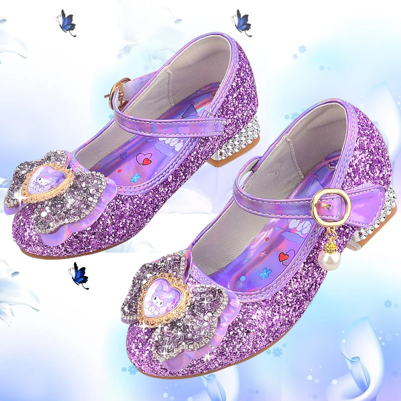 2024春秋款女童高跟鞋紫色儿童公主水晶单鞋小孩子学生表演出皮鞋